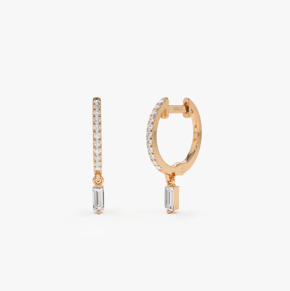 14k Diamond Huggies with a Dangling Baguette Diamond