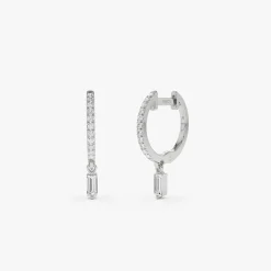 14k Diamond Huggies with a Dangling Baguette Diamond