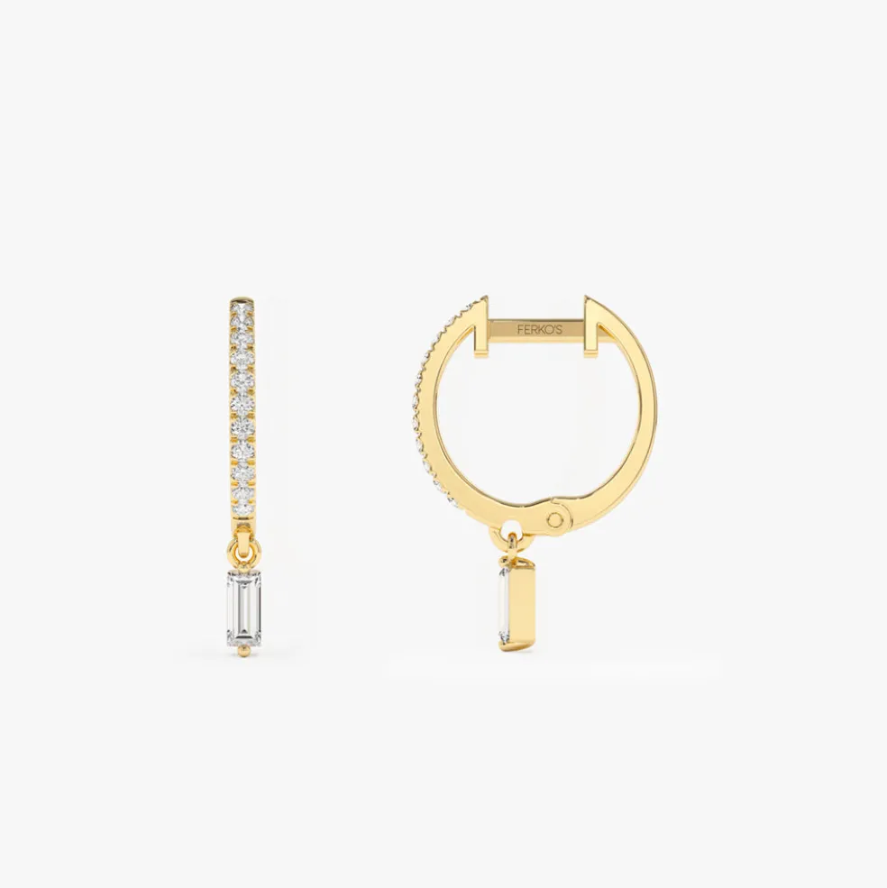 14k Diamond Huggies with a Dangling Baguette Diamond