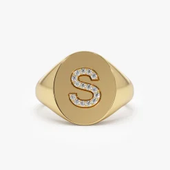 14K Diamond Letter Signet Ring