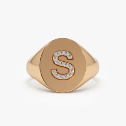 14K Diamond Letter Signet Ring
