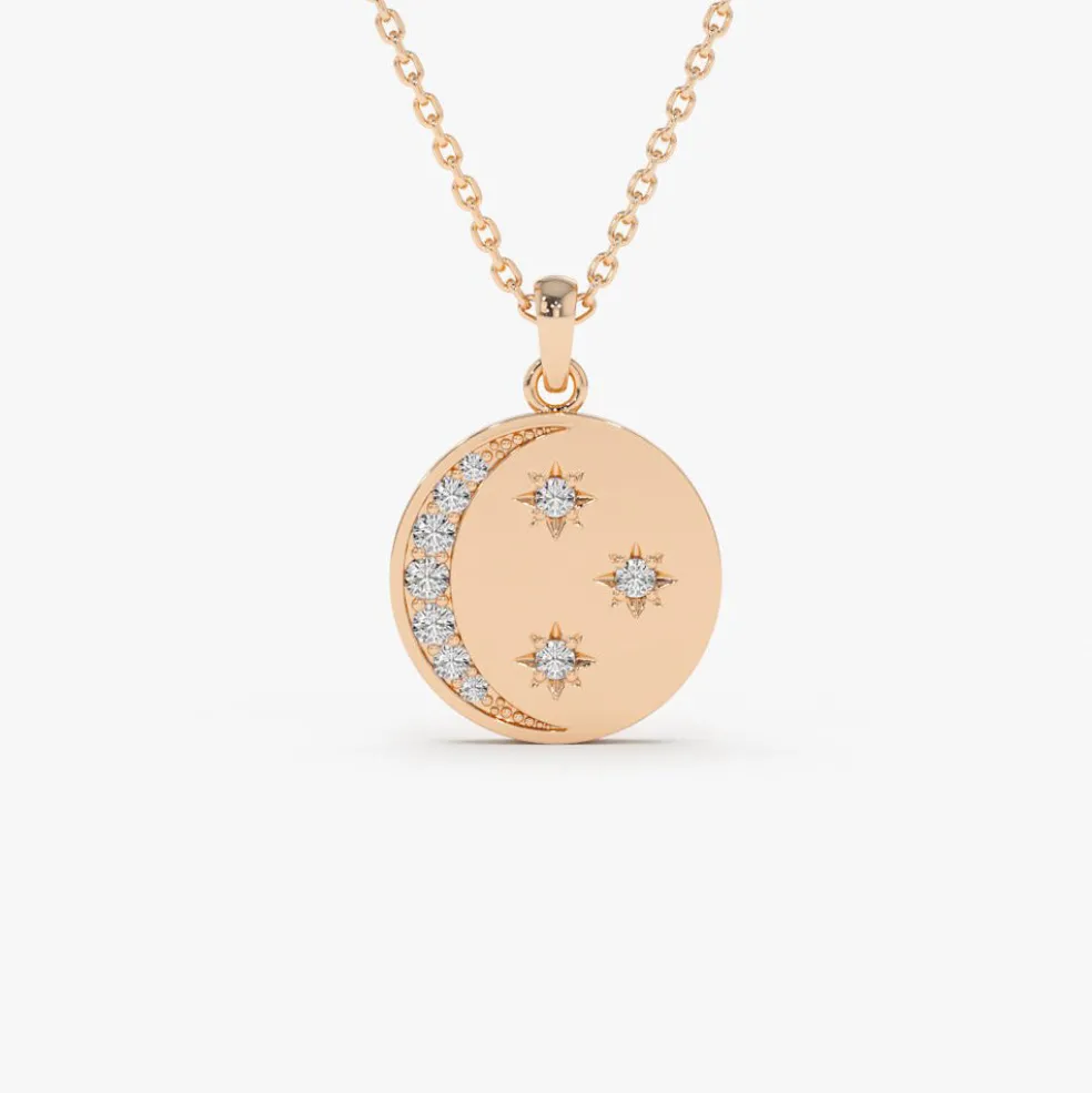 14k Diamond Moon and Crescent Pendant