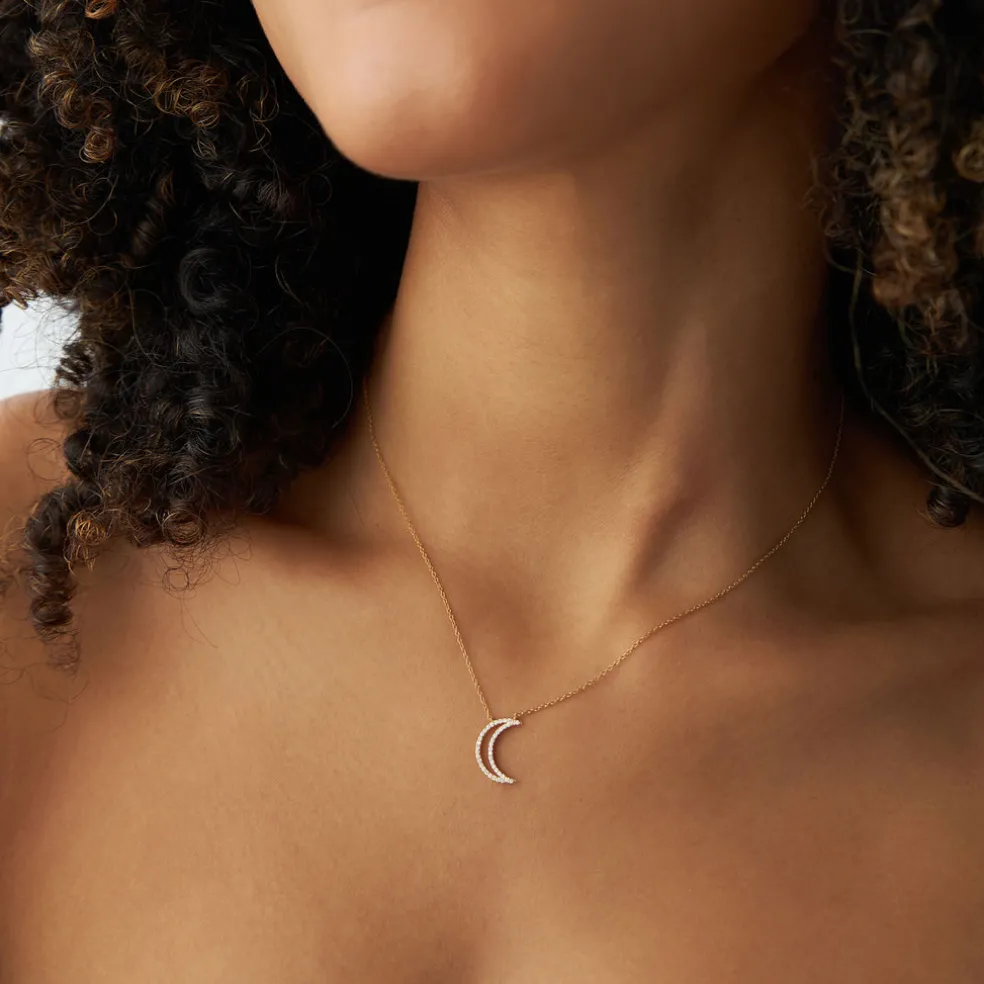 14K Diamond Moon Outline Necklace