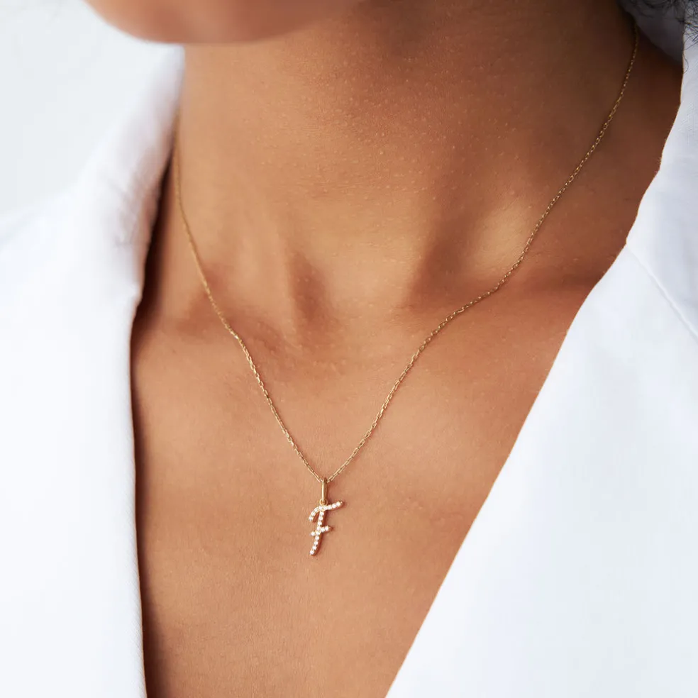 14k Diamond Script Initial Necklace