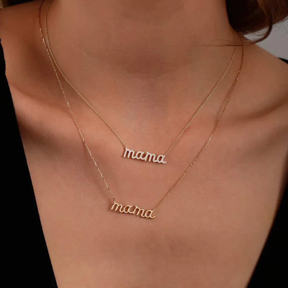 14k Diamond Script Mama Necklace