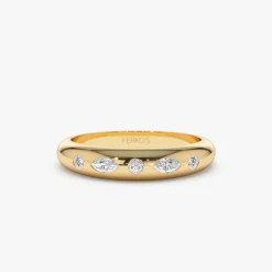 14k Dome Marquise and Round Diamonds Flush Setting Ring