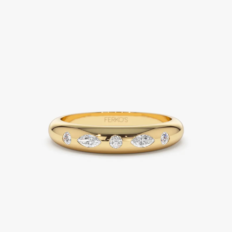 14k Dome Marquise and Round Diamonds Flush Setting Ring