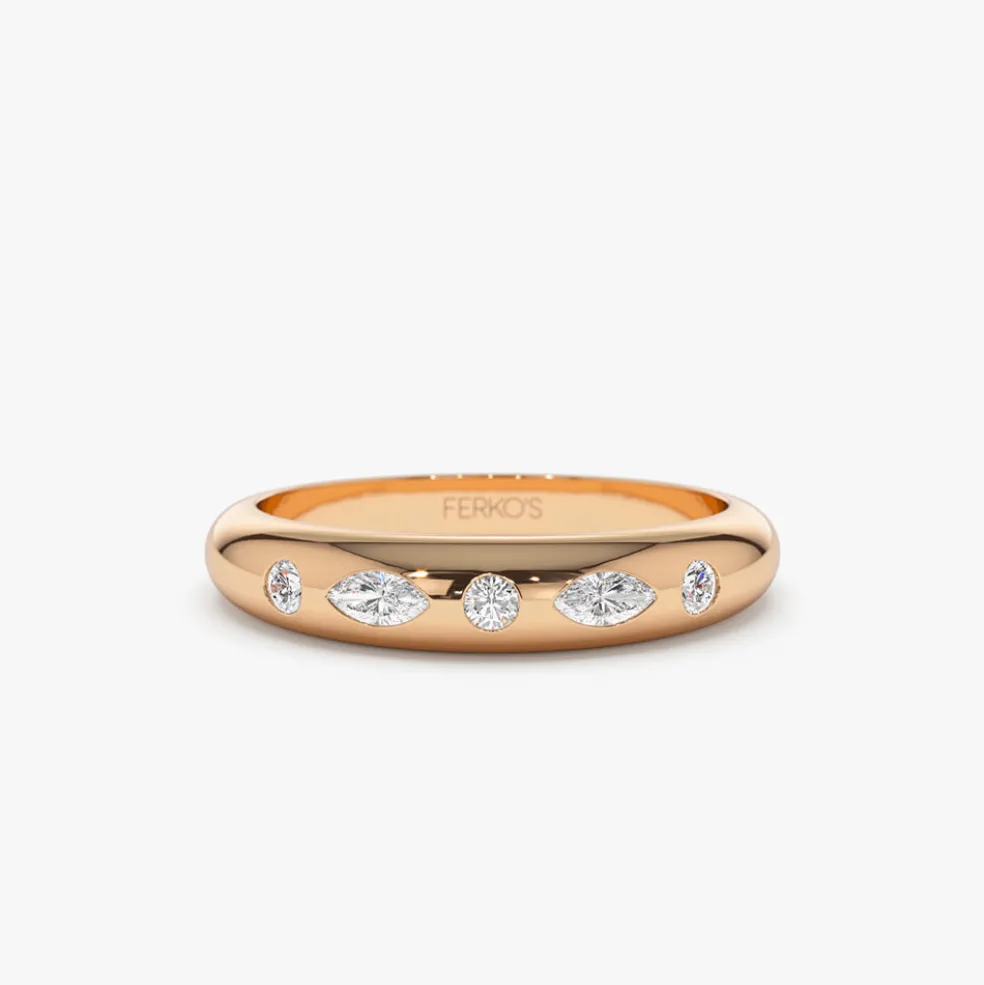 14k Dome Marquise and Round Diamonds Flush Setting Ring