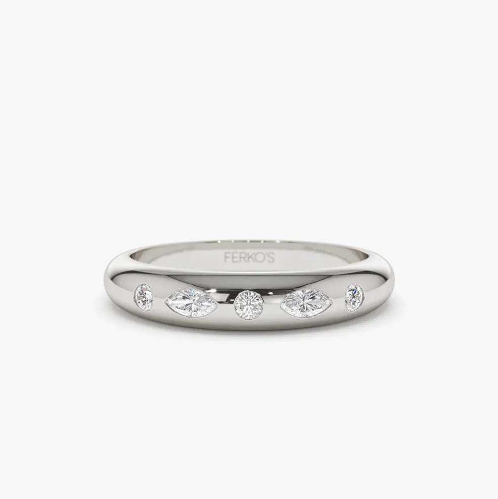 14k Dome Marquise and Round Diamonds Flush Setting Ring