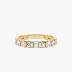 14k Double Baguette and Round Diamond Wedding Ring