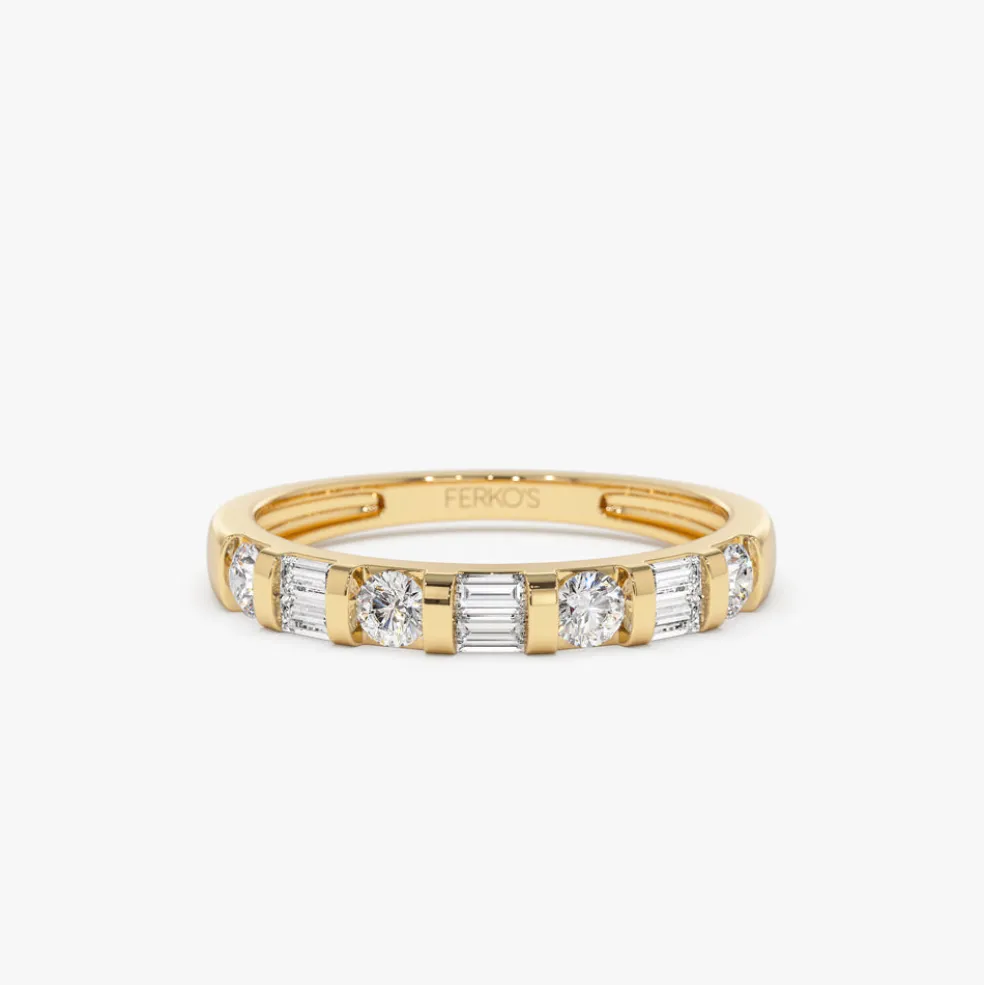 14k Double Baguette and Round Diamond Wedding Ring