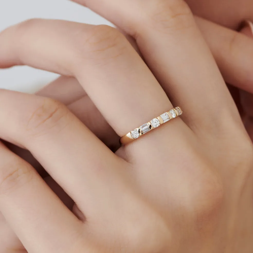 14k Double Baguette and Round Diamond Wedding Ring