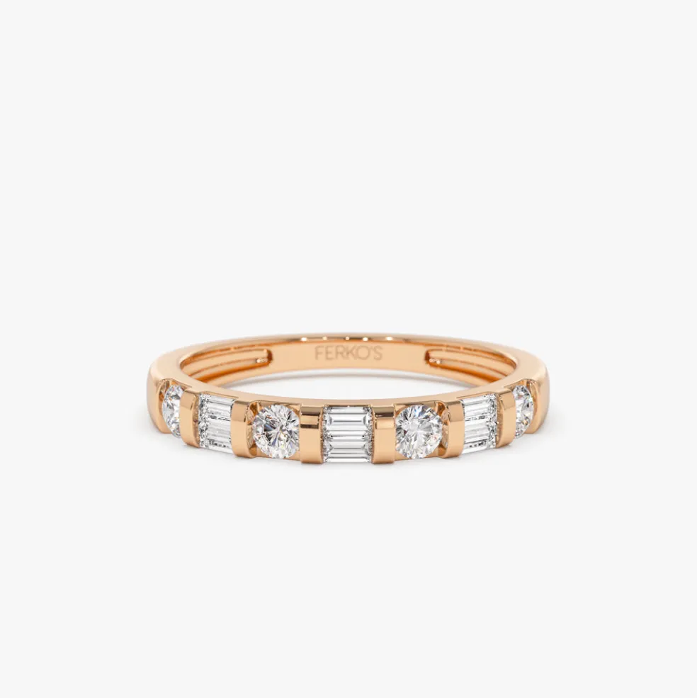 14k Double Baguette and Round Diamond Wedding Ring
