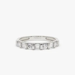 14k Double Baguette and Round Diamond Wedding Ring