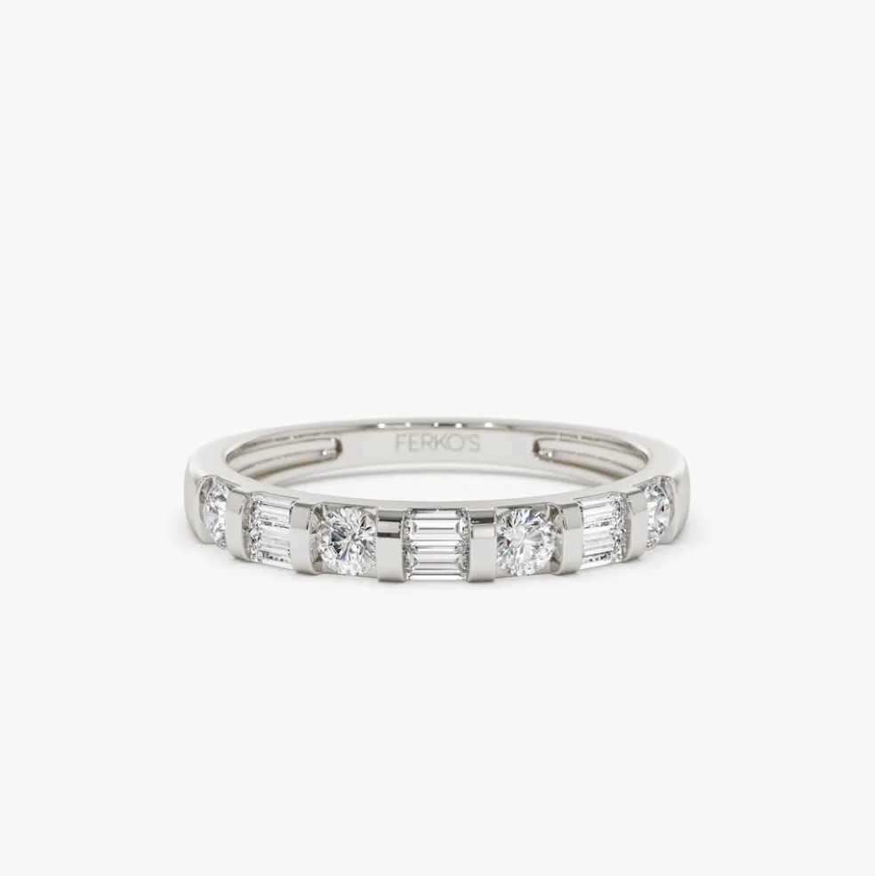 14k Double Baguette and Round Diamond Wedding Ring