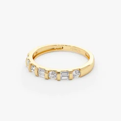 14k Double Baguette and Round Diamond Wedding Ring