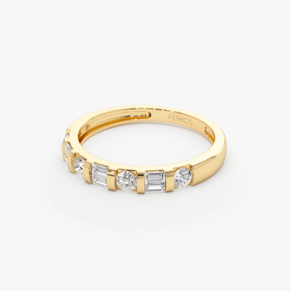14k Double Baguette and Round Diamond Wedding Ring