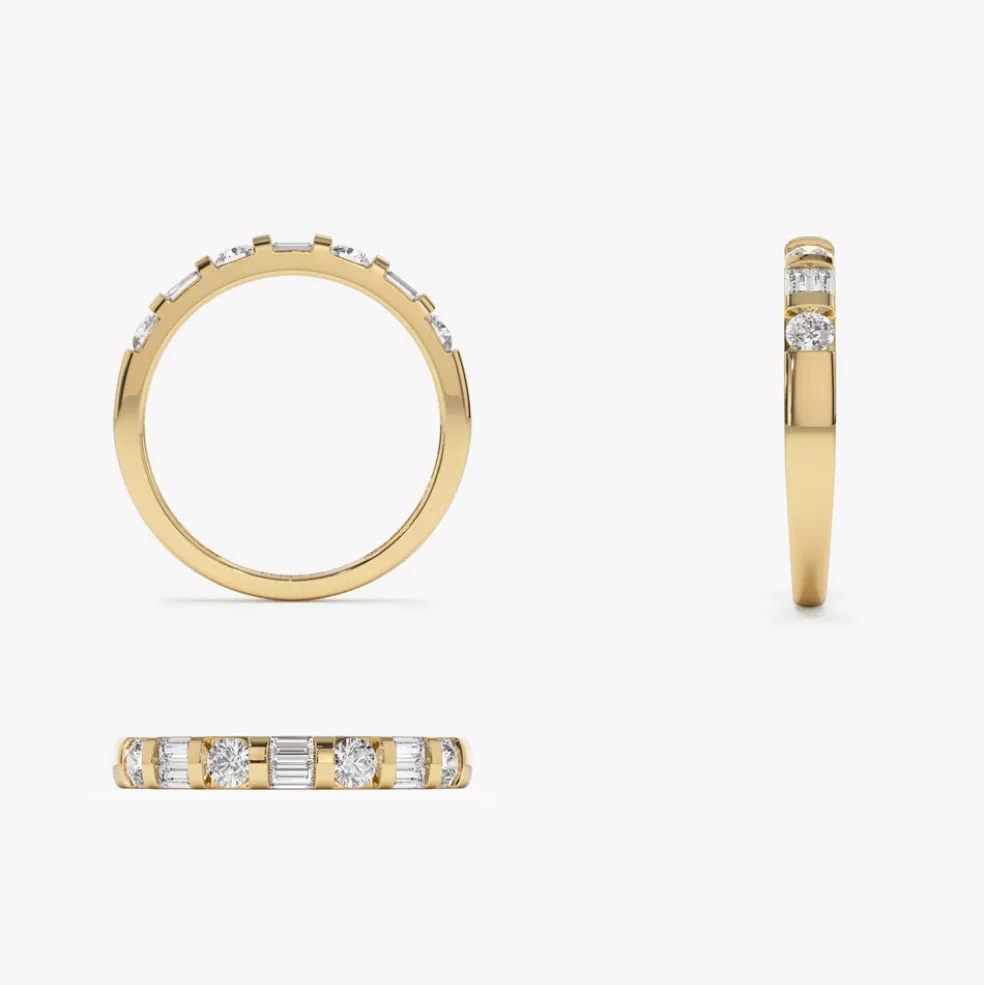 14k Double Baguette and Round Diamond Wedding Ring
