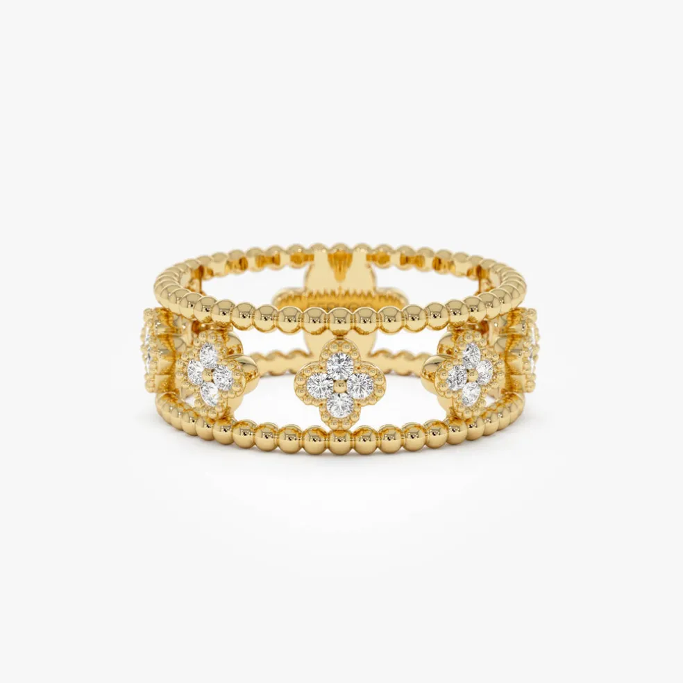 14k Double Band Diamond Clover Ring