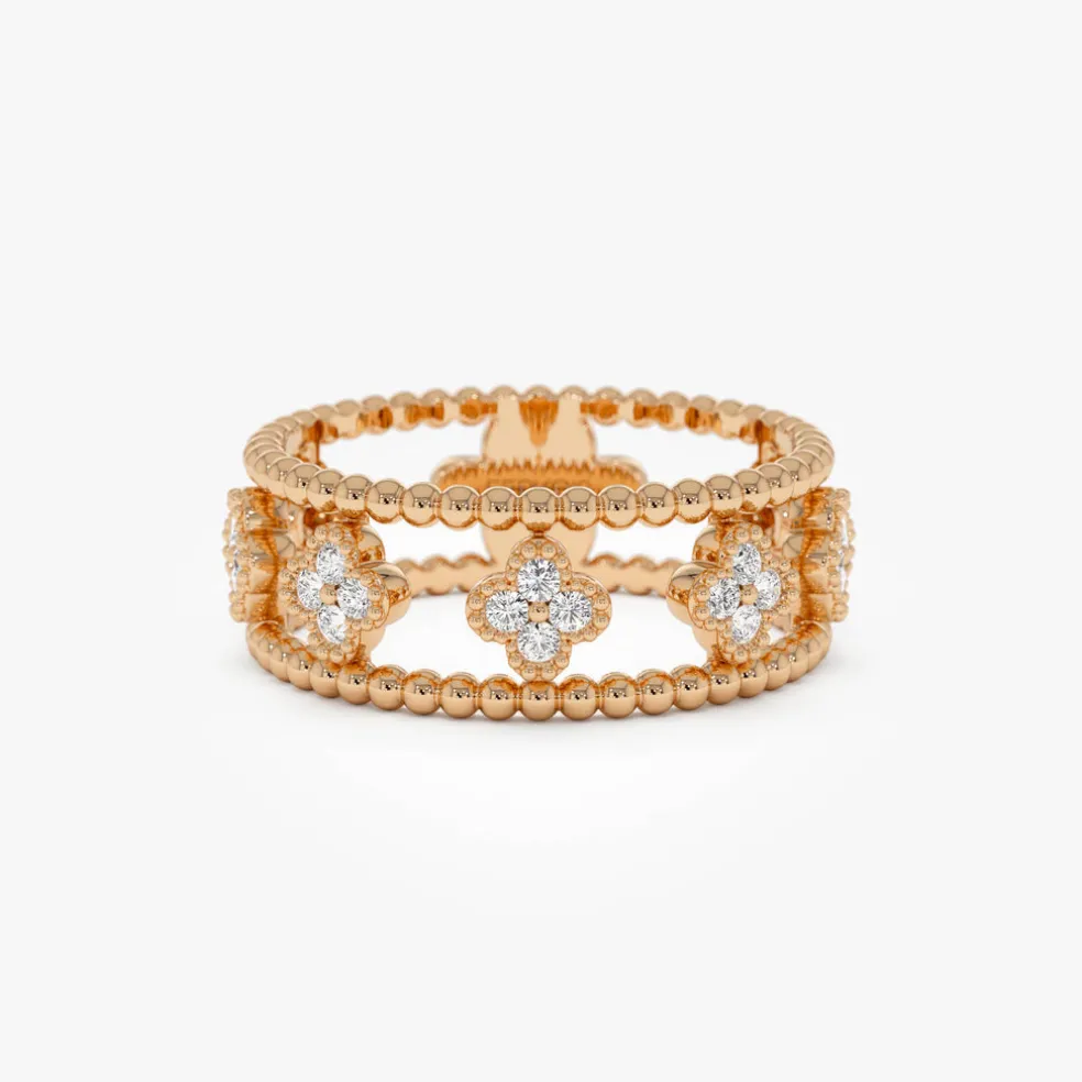 14k Double Band Diamond Clover Ring