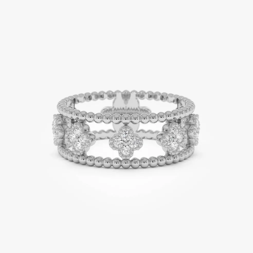 14k Double Band Diamond Clover Ring