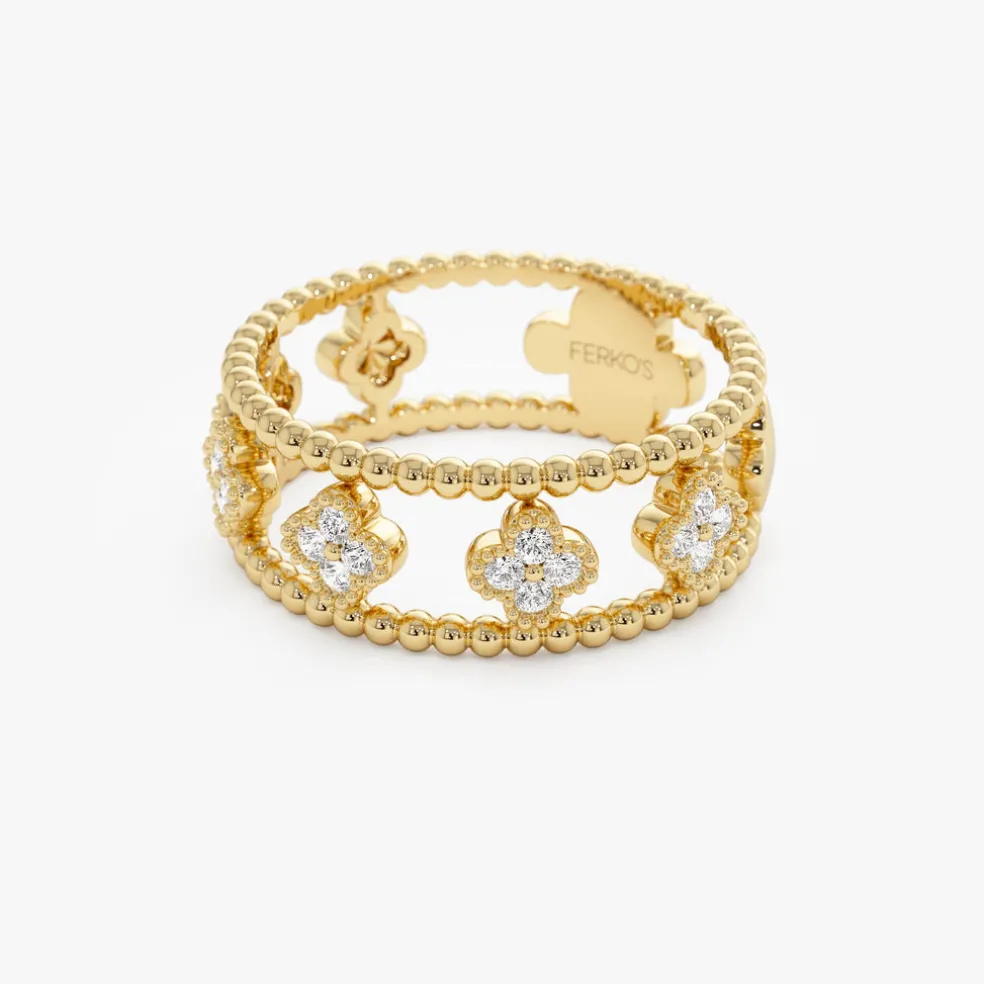 14k Double Band Diamond Clover Ring