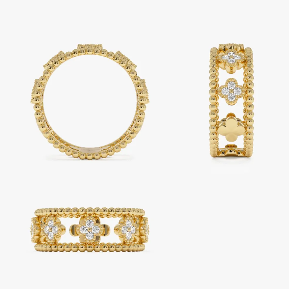 14k Double Band Diamond Clover Ring