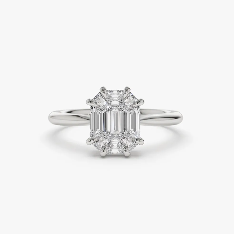 14k Double Claw Step Cut Illusion Solitaire Engagement Ring
