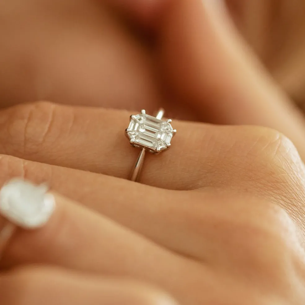 14k Double Claw Step Cut Illusion Solitaire Engagement Ring