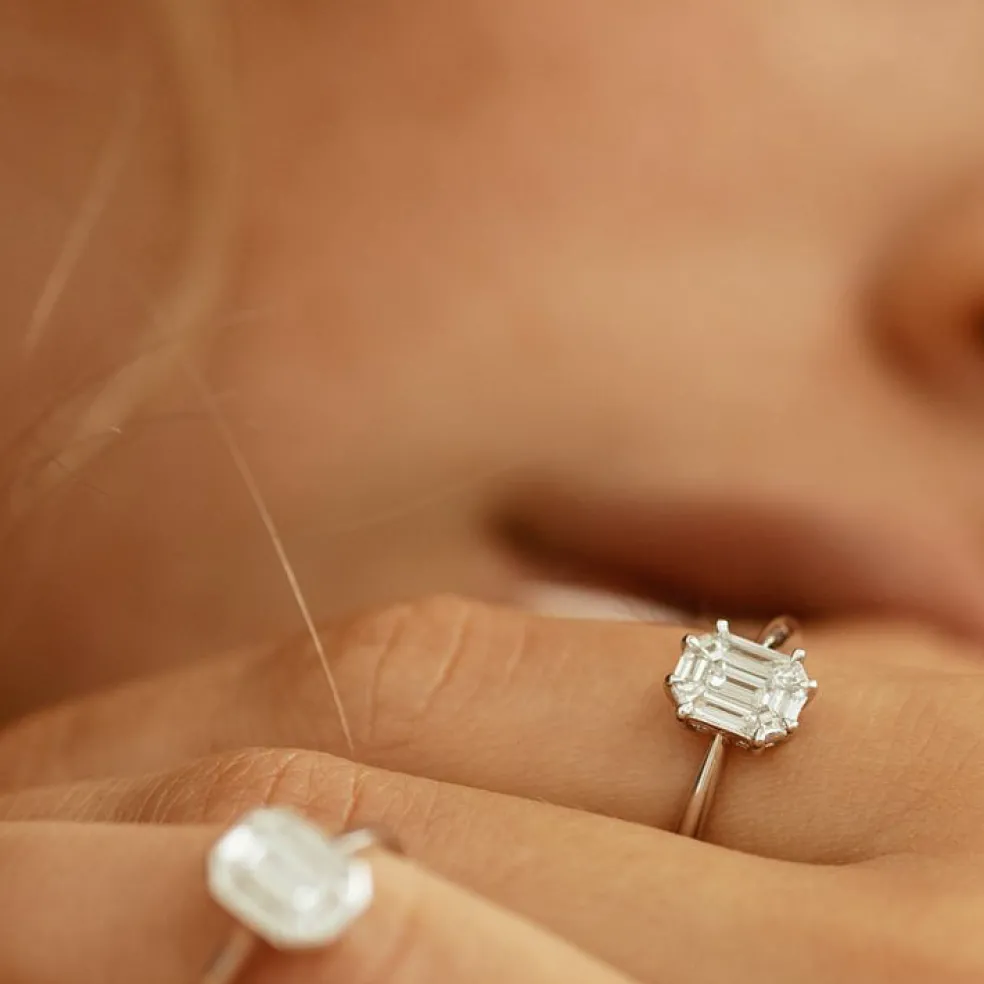 14k Double Claw Step Cut Illusion Solitaire Engagement Ring