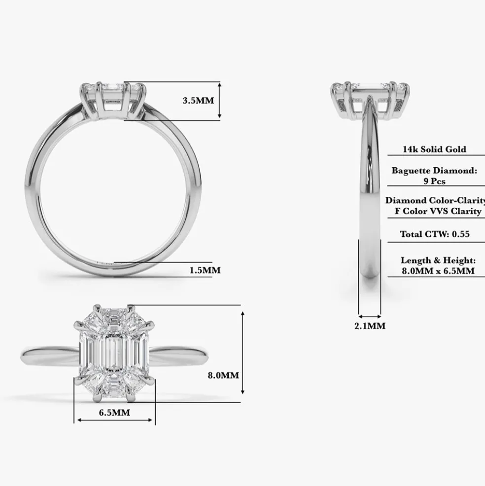 14k Double Claw Step Cut Illusion Solitaire Engagement Ring