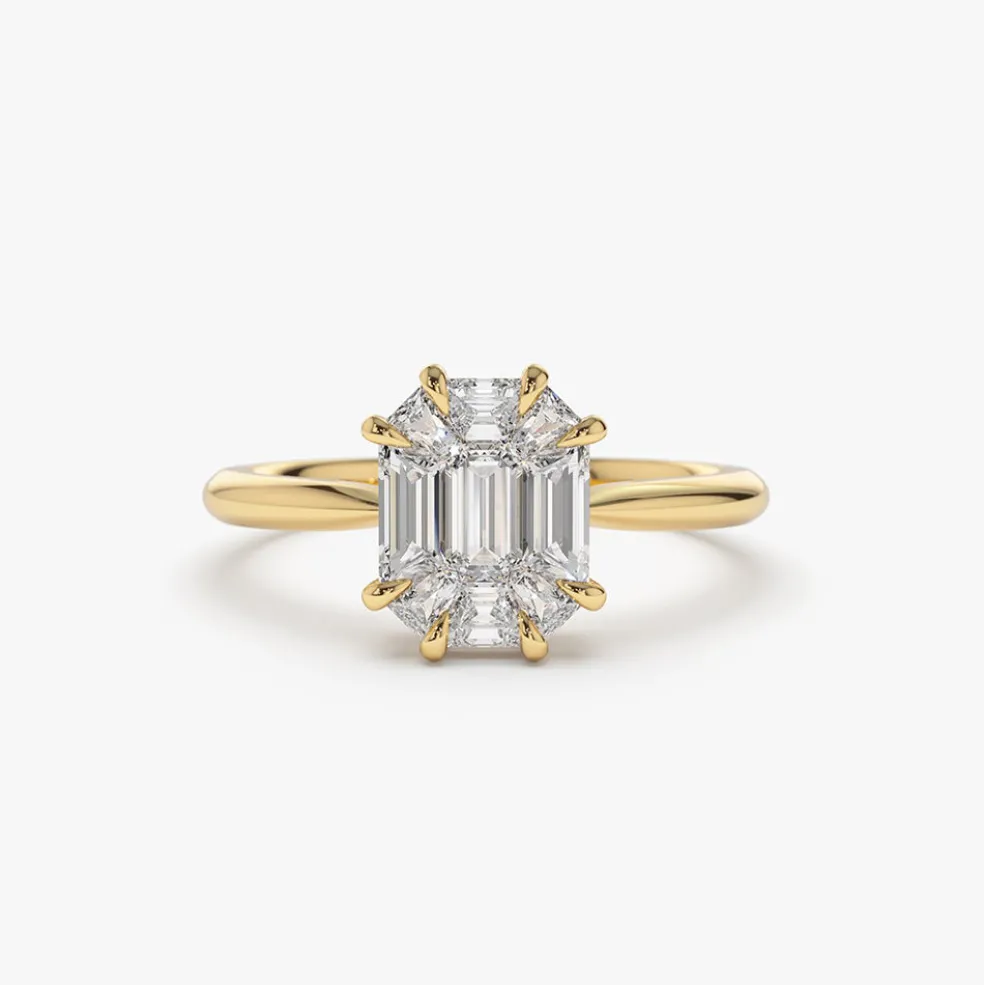 14k Double Claw Step Cut Illusion Solitaire Engagement Ring