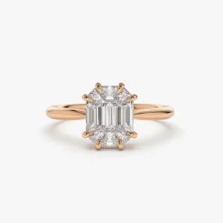 14k Double Claw Step Cut Illusion Solitaire Engagement Ring