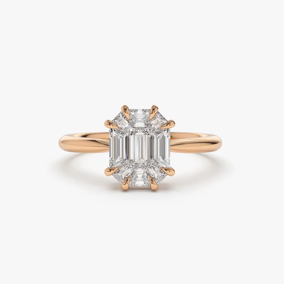 14k Double Claw Step Cut Illusion Solitaire Engagement Ring