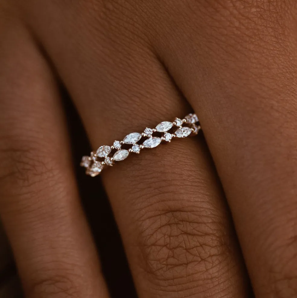 14k Double Row Alternating Marquise Round Diamond Ring