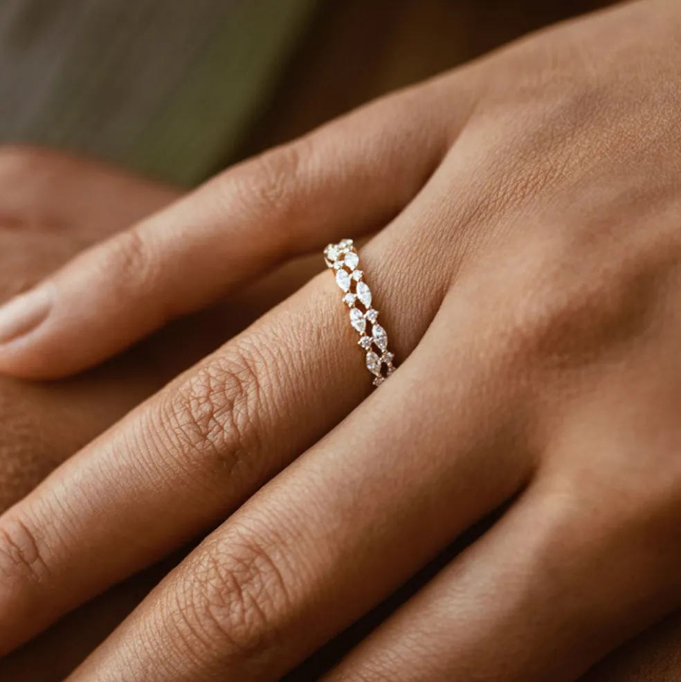 14k Double Row Alternating Marquise Round Diamond Ring