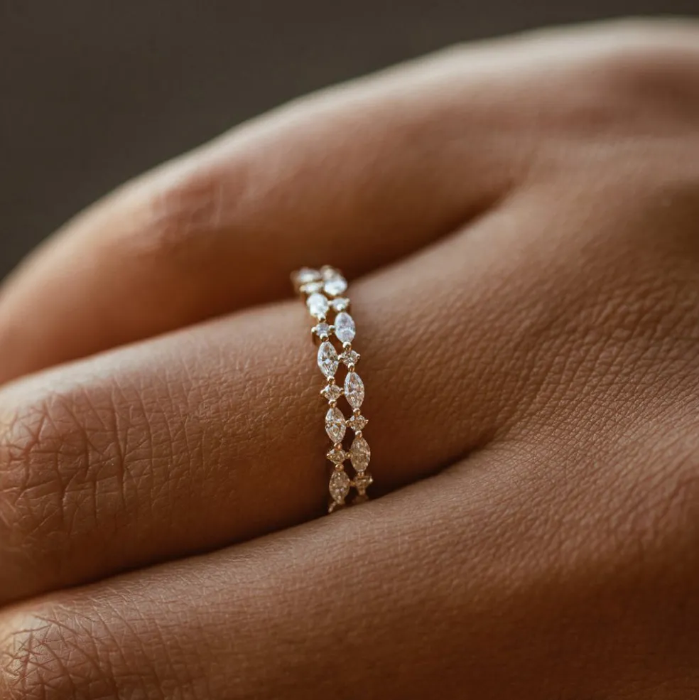 14k Double Row Alternating Marquise Round Diamond Ring