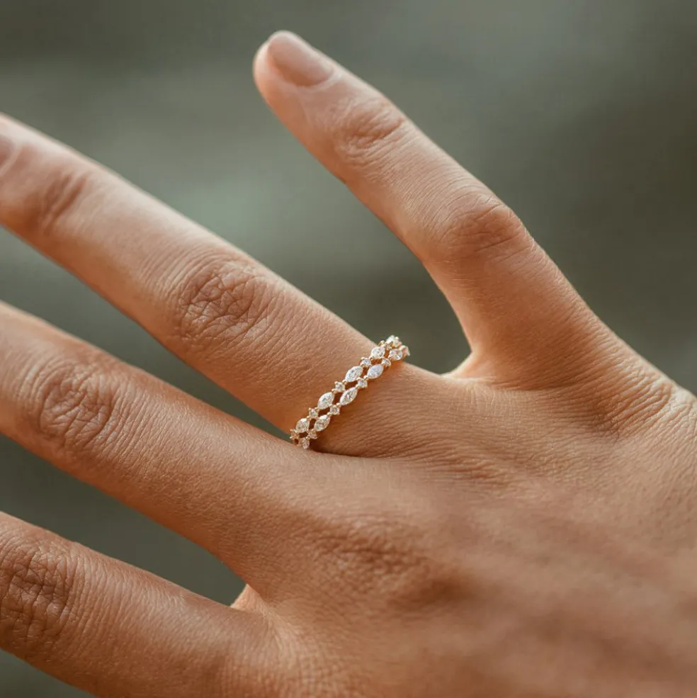 14k Double Row Alternating Marquise Round Diamond Ring