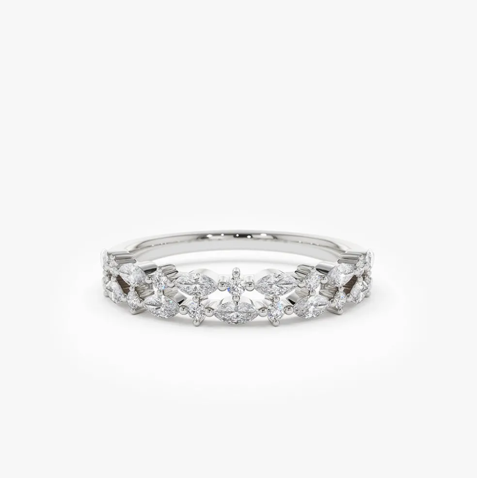 14k Double Row Alternating Marquise Round Diamond Ring