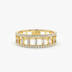 14k Double Row Micro Pave Diamond Ring with Baguette Diamond