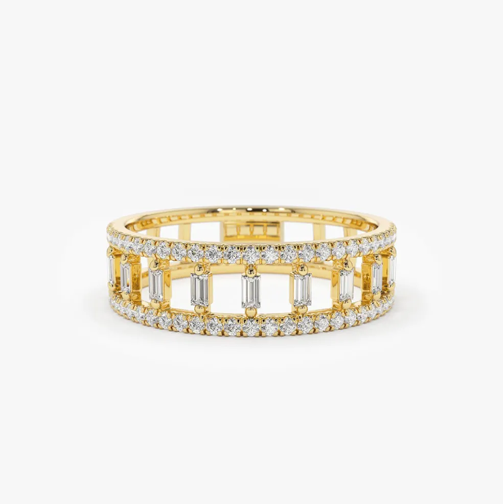 14k Double Row Micro Pave Diamond Ring with Baguette Diamond