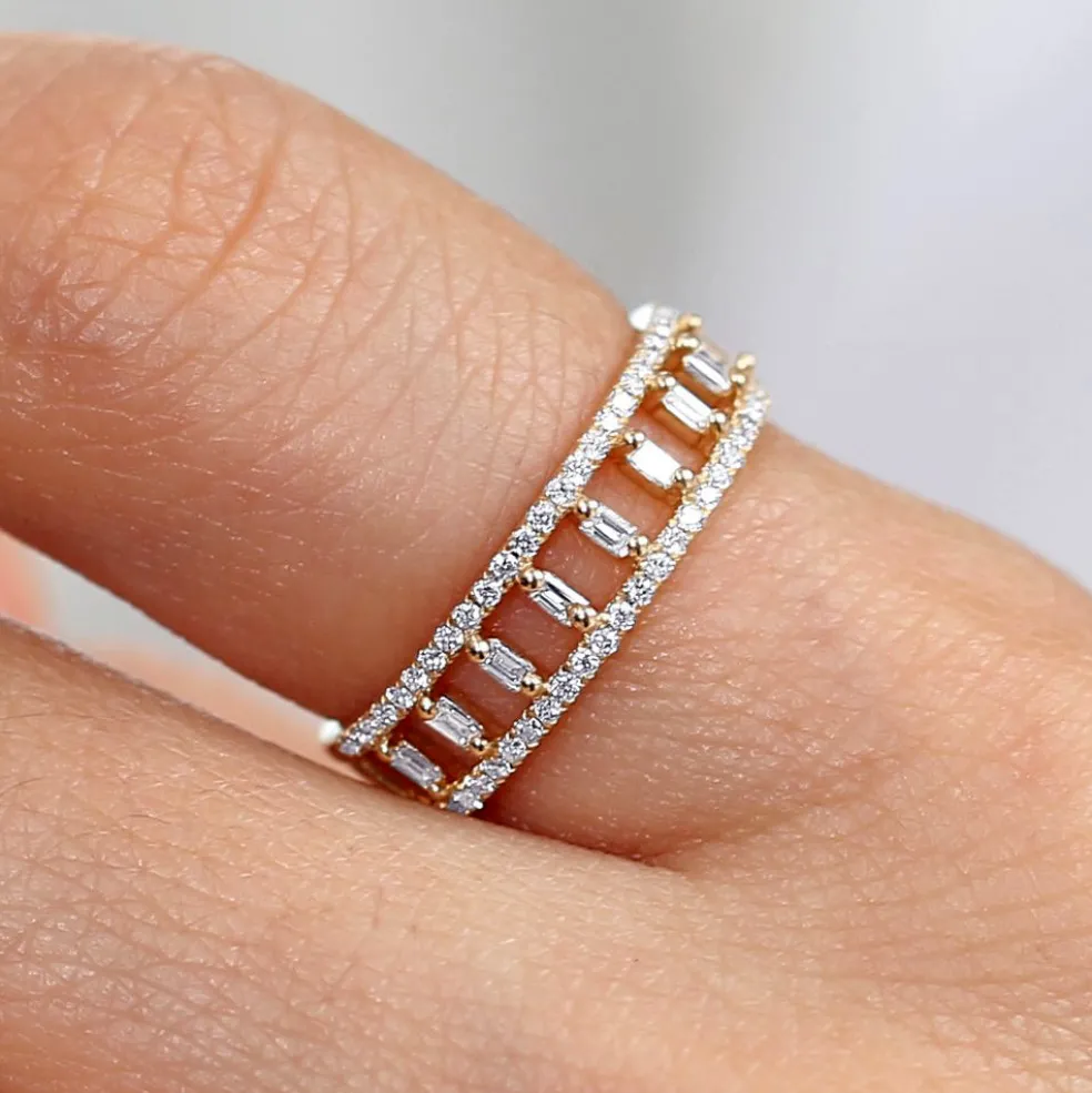 14k Double Row Micro Pave Diamond Ring with Baguette Diamond