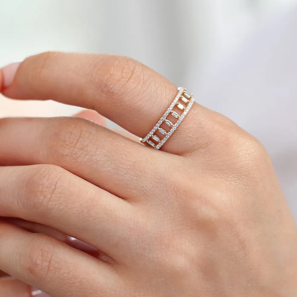 14k Double Row Micro Pave Diamond Ring with Baguette Diamond