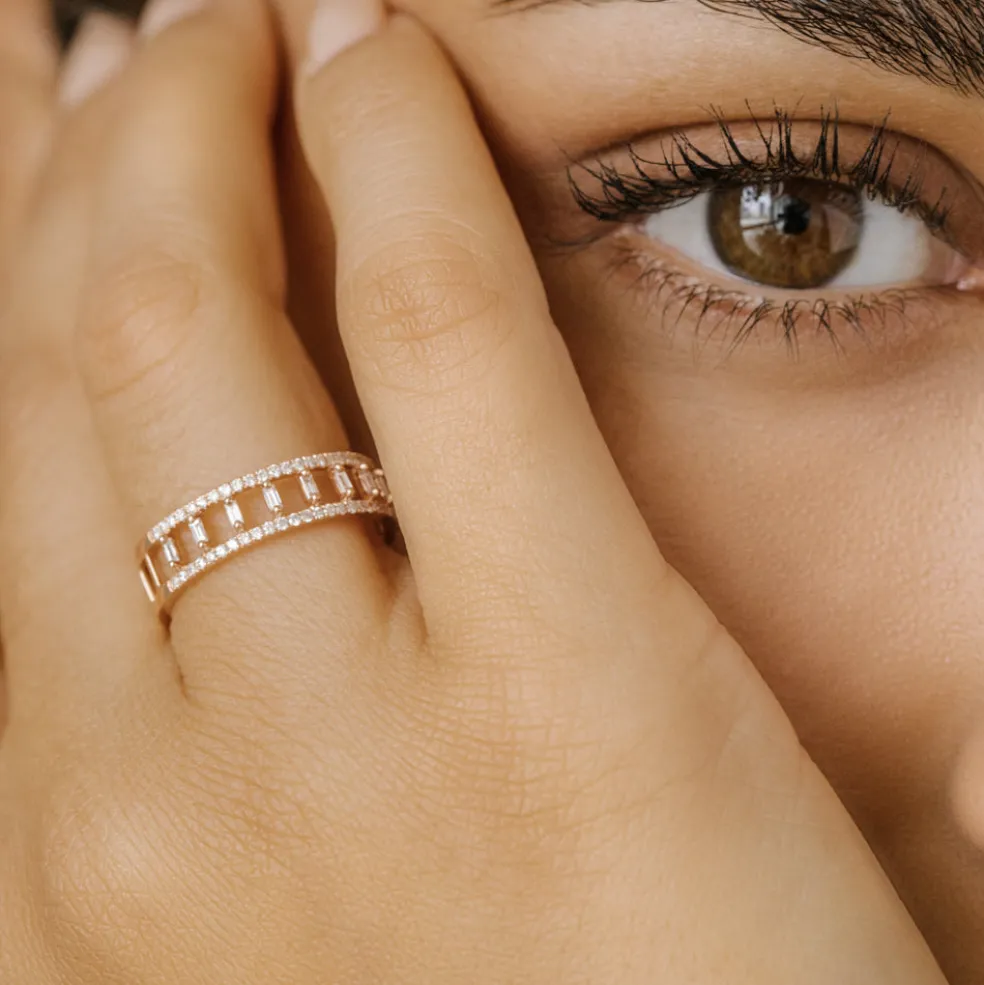 14k Double Row Micro Pave Diamond Ring with Baguette Diamond