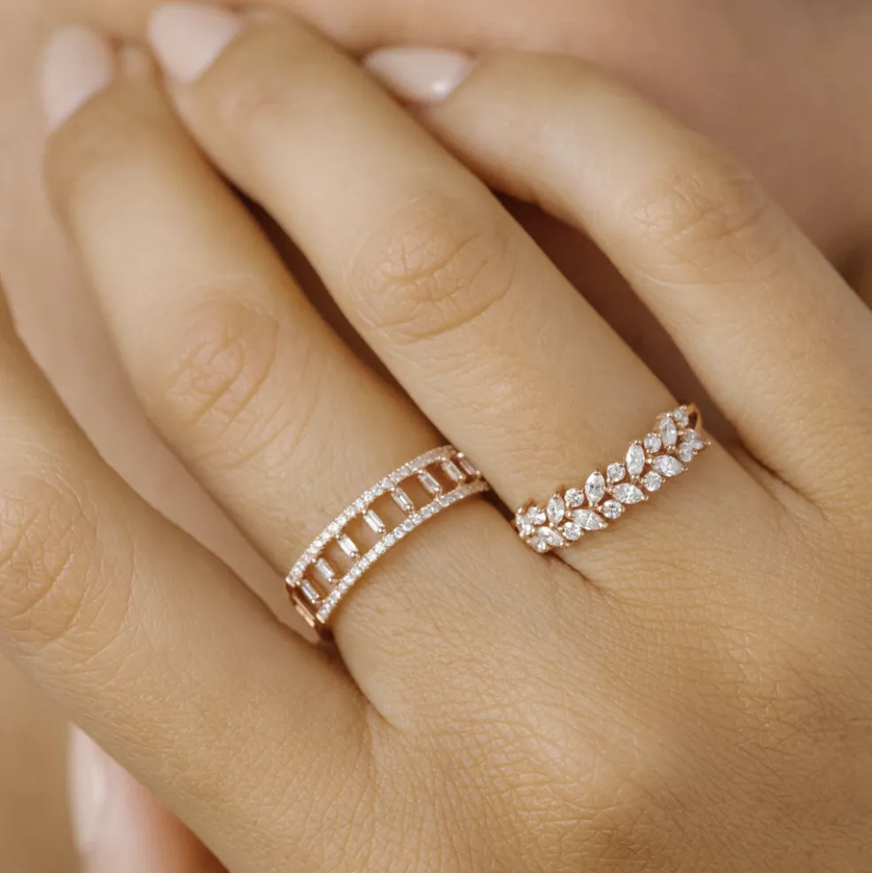 14k Double Row Micro Pave Diamond Ring with Baguette Diamond