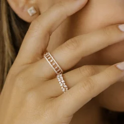 14k Double Row Micro Pave Diamond Ring with Baguette Diamond