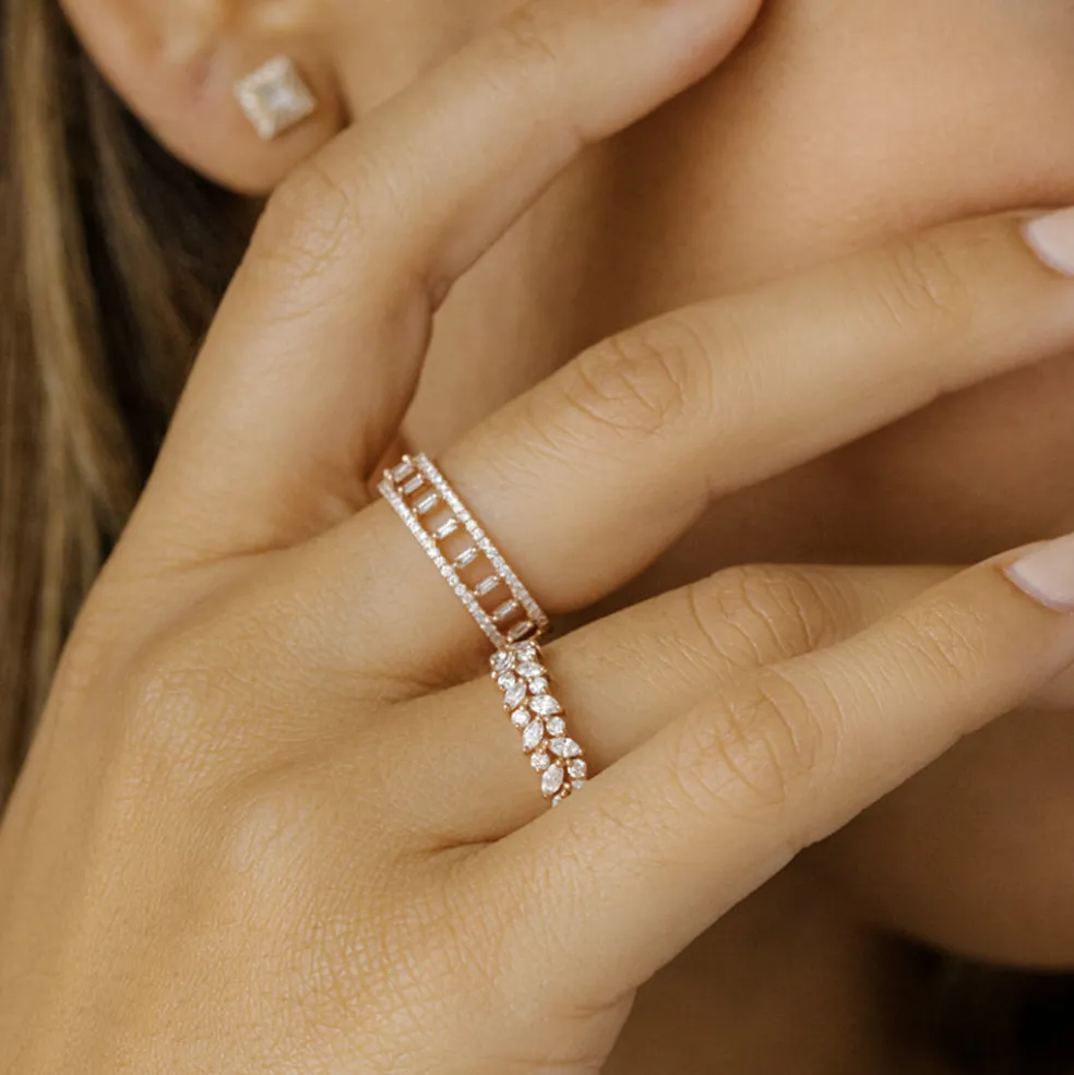 14k Double Row Micro Pave Diamond Ring with Baguette Diamond