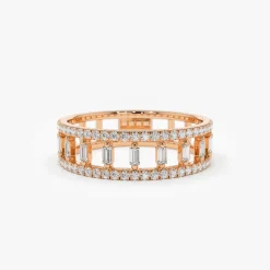 14k Double Row Micro Pave Diamond Ring with Baguette Diamond