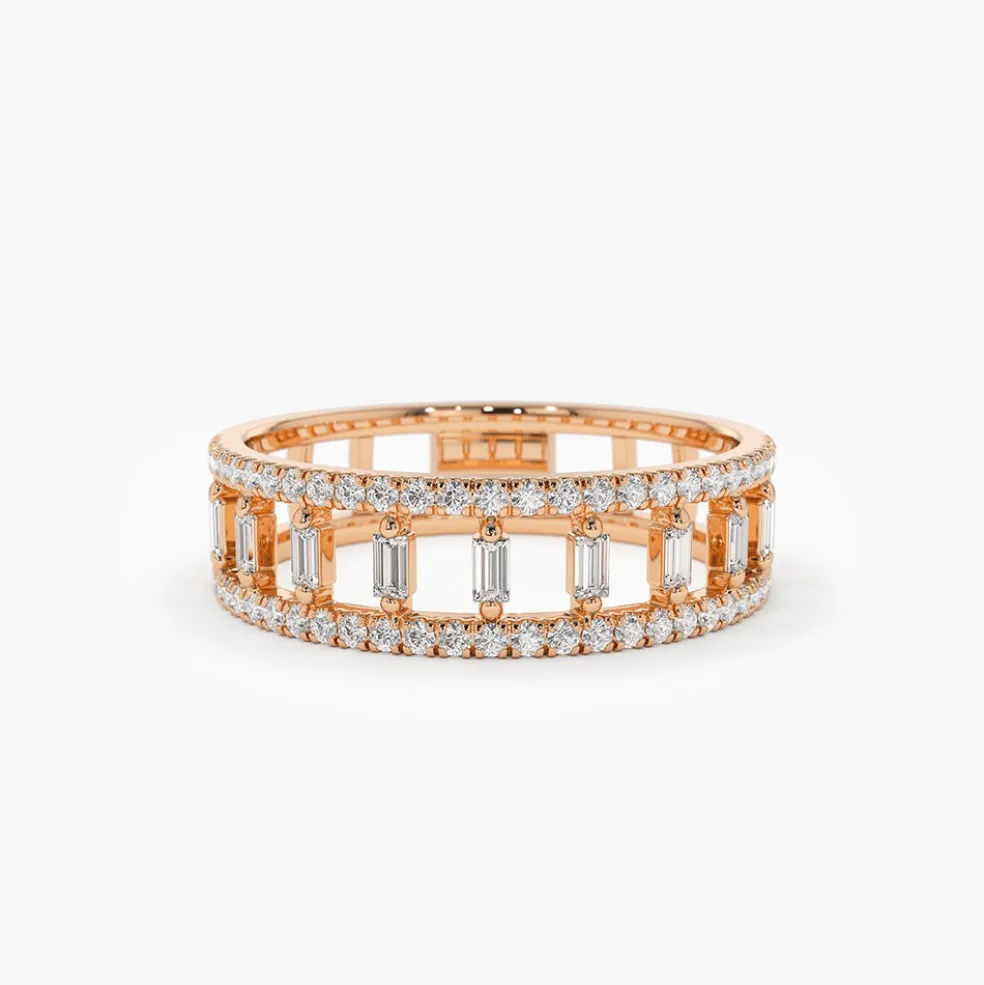 14k Double Row Micro Pave Diamond Ring with Baguette Diamond