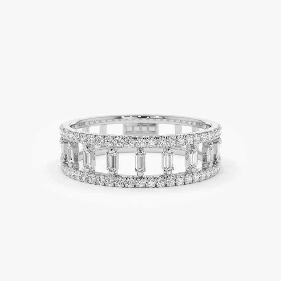 14k Double Row Micro Pave Diamond Ring with Baguette Diamond